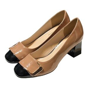 Ann Creek Angela Pumps Size 7.5M Tan Black Color-Block Patent Leather Heels